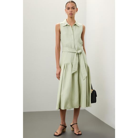 MARISSA WEBB Light Green Linen Blend Front Button Tie Waist Midi Dress Size XS - Picture 1 of 16
